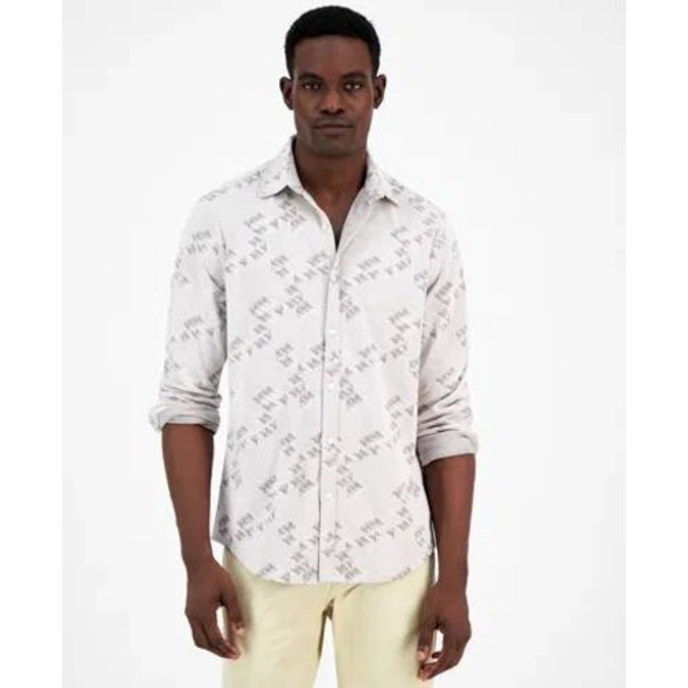 Alfani Mens Jacquard Knit Button Down Shirt Silver Cloud Heather XXL 100185388MN